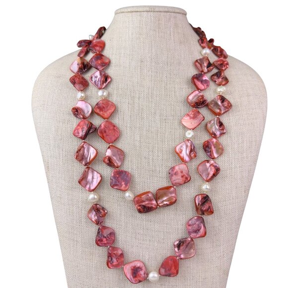 Unknown Jewelry - Red Pink Womens Shell & Pearl Long Necklace